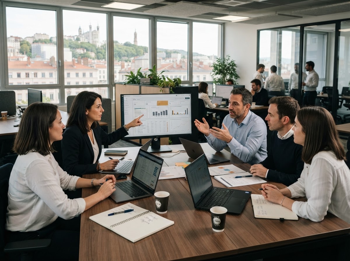 Clairon Gainlux, équipe analysant des indicateurs de marché sur un poste de travail